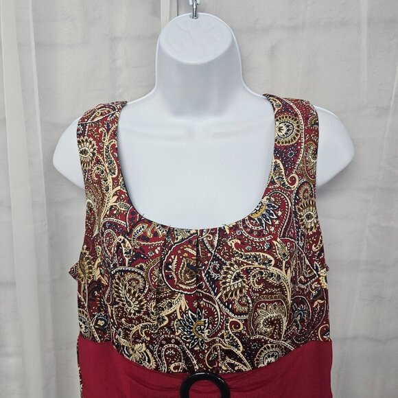 Perceptions Red Tan Paisley Midi Dress Sleeveless Boho L - Picture 2 of 12